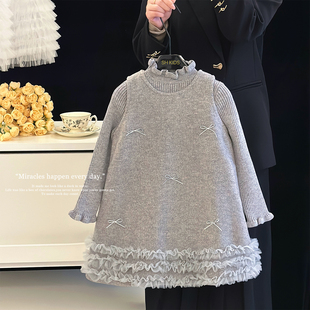 女童连衣裙秋冬季2026新款中大童加绒公主裙高级感毛呢背心裙套装