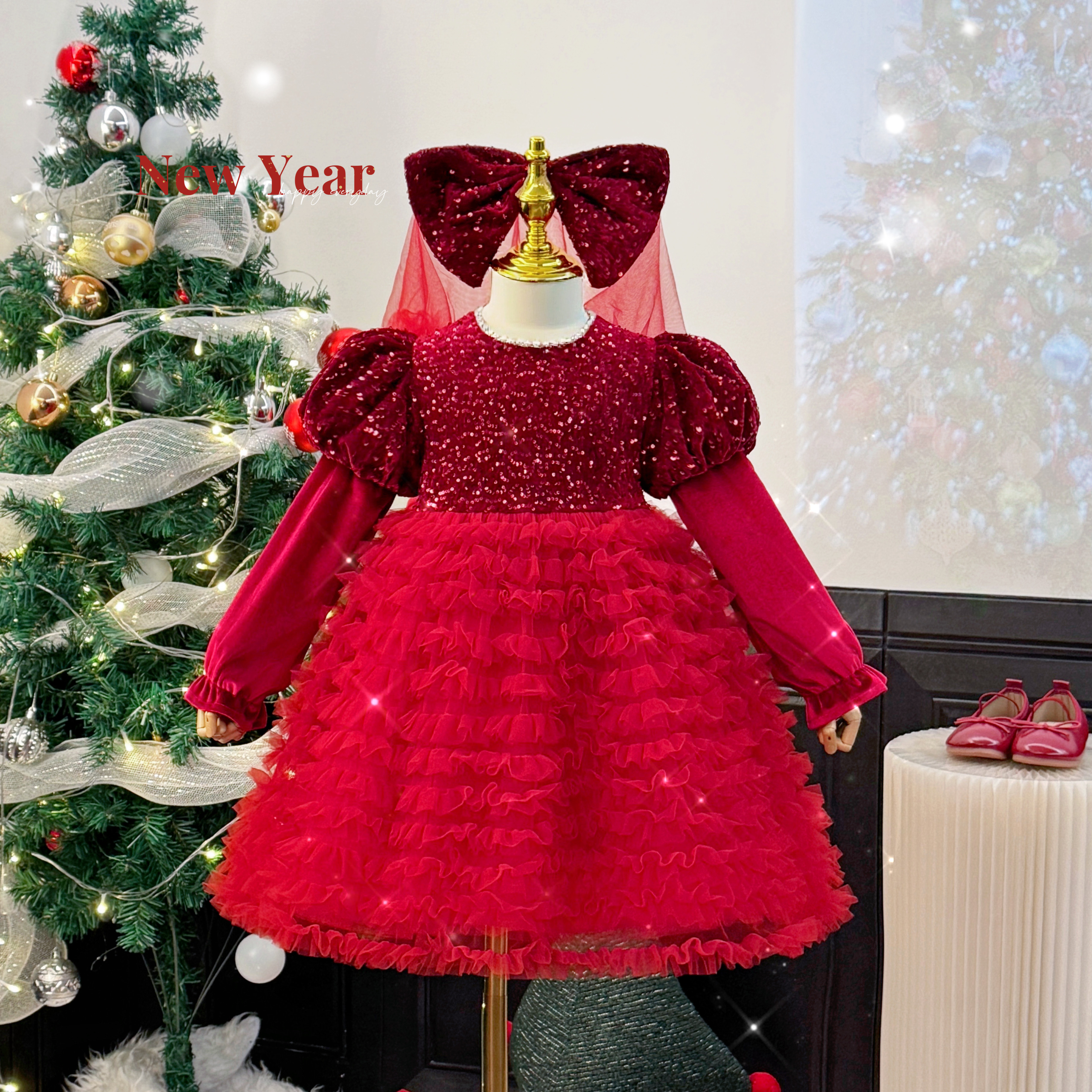 女童秋冬款重工亮片连衣裙儿童红色蓬蓬裙高端新年装圣诞生日礼服