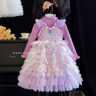 女童美人鱼公主裙秋冬儿童亮片蓬蓬裙小女孩生日礼服洛丽塔连衣裙