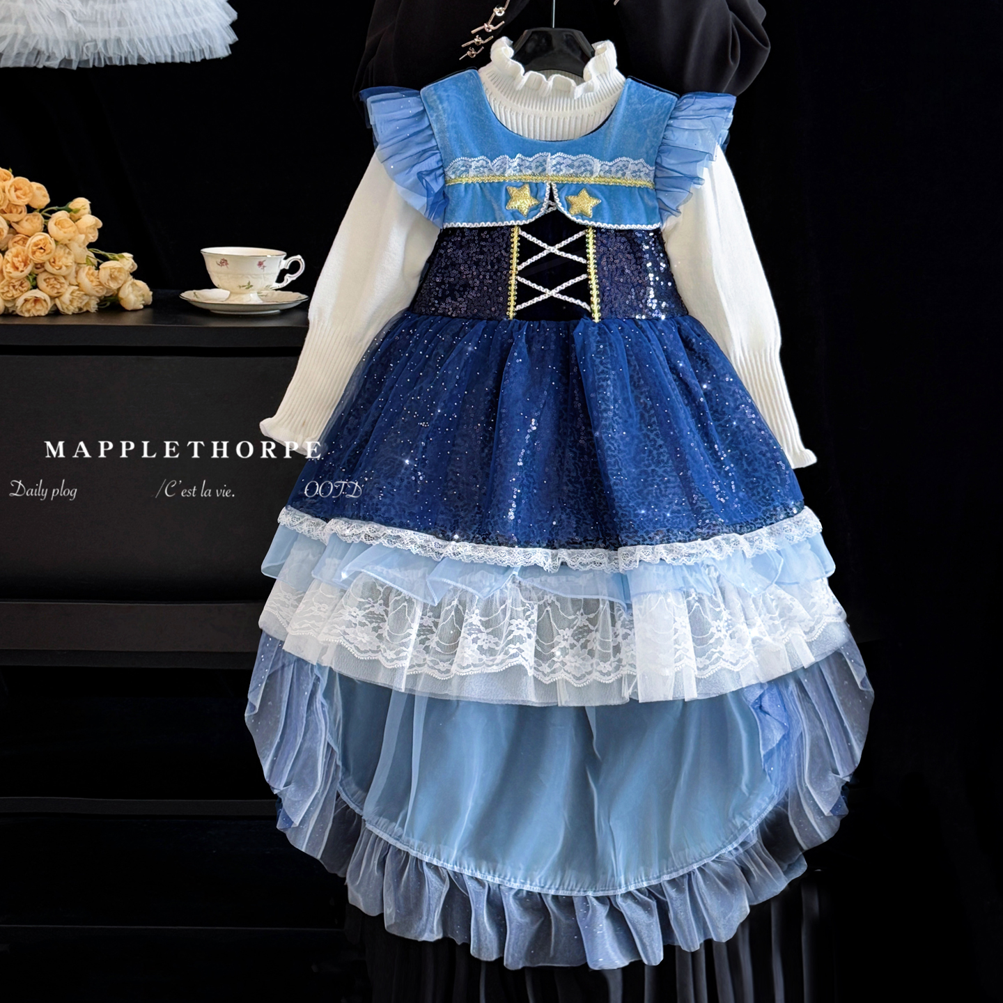 女童洛丽塔公主裙春秋小女孩高端蓬蓬裙蓝色Lolita生日礼服连衣裙