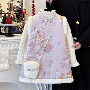 拜年服女童旗袍连衣裙秋冬款洋气儿童新中式公主裙唐装背心裙套装