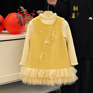 女童连衣裙冬装儿童气质小香风呢子马甲裙韩版时髦加绒背心裙套装