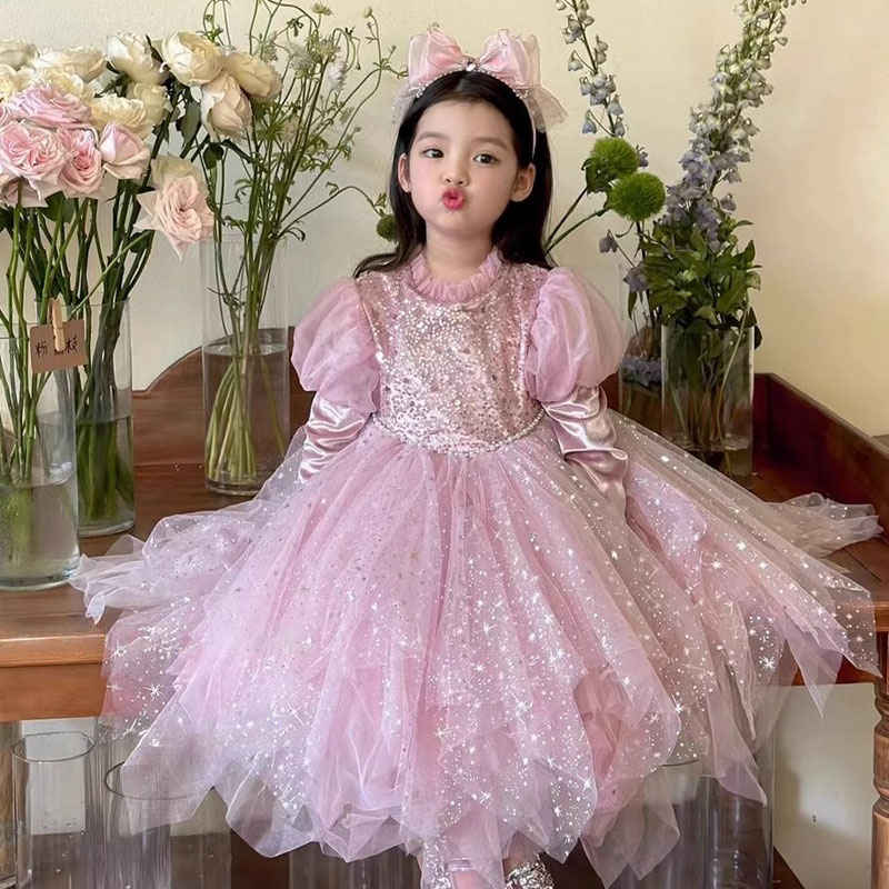 女童高端连衣裙春秋2025新款洋气儿童重工生日公主裙礼服蓬蓬纱裙