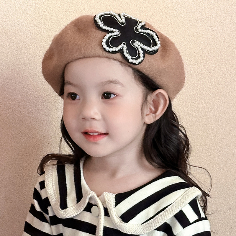 女童贝雷帽洋气宝宝画家帽韩版时尚花朵帽子小孩秋冬时髦蓓蕾帽潮