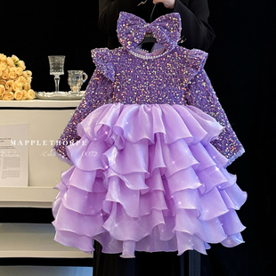绝美女童公主裙冬季高端加绒亮片连衣裙儿童洋气生日宴高级礼服裙