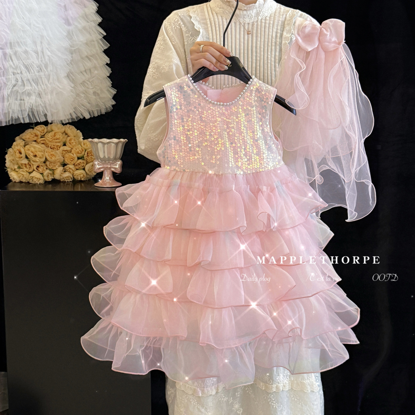 女童夏季高端粉色生日礼服蛋糕裙