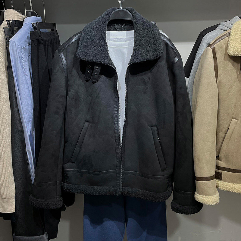 男装冬装皮毛一体夹克翻领加绒鹿皮绒翻毛加厚羊羔绒外套0706200