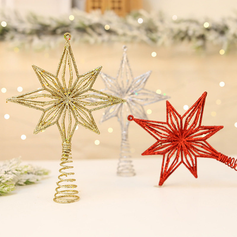 圣诞树顶星撒金粉立体星星弹簧摆件圣诞节派对装饰镂空八角星挂件