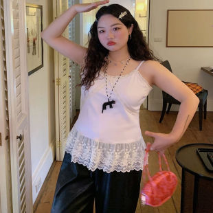 金大支蕾丝拼接吊带背心女春夏季 胖mm遮肚子白色打底内搭上衣 大码