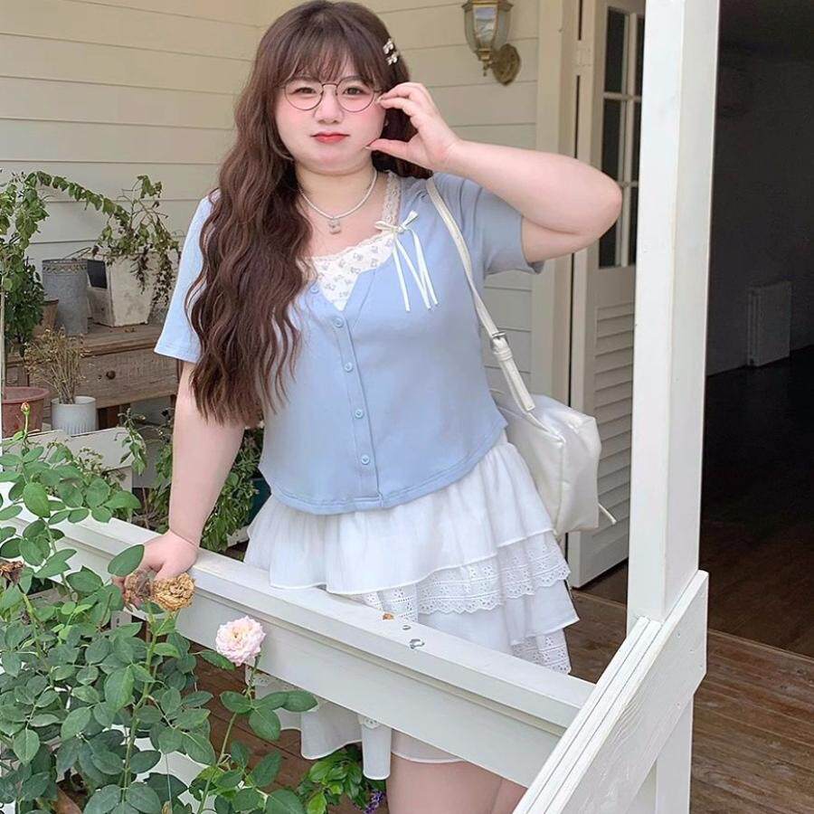 LT STUDIO辣条大码女装 芭蕾风胖mm假两件针织上衣蛋糕裙显瘦套装