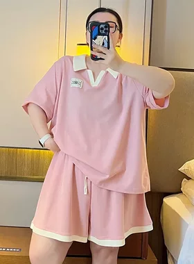 260斤胖mm宽松休闲服显瘦运动套装POLO衫短袖阔腿短裤两件套女夏