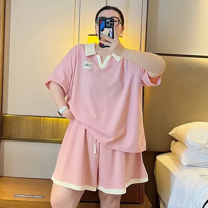 260斤胖mm宽松休闲服显瘦运动套装POLO衫短袖阔腿短裤两件套女夏
