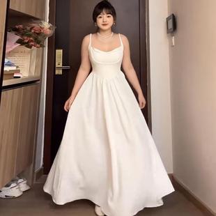 胖MM高级感收腰显瘦仙女长裙 白色吊带连衣裙女夏季 200斤大码 女装