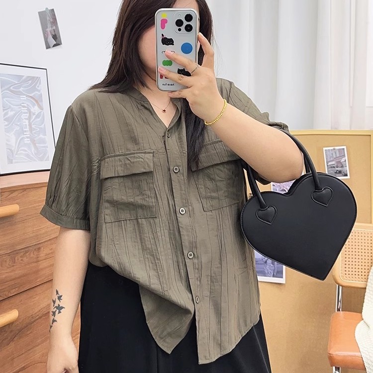 300斤大码正肩短袖衬衫女夏季新款胖mm宽松薄款防晒衬衣法式上衣