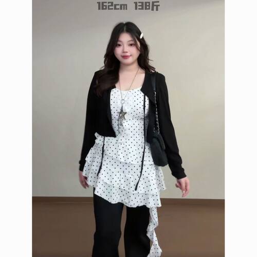 200斤大码胖mm韩系复古波点不规则木耳边吊带连衣裙叠穿百搭裙女
