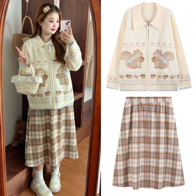 大码女装胖mm200斤松鼠提花翻领显瘦遮肉拉链毛衣开衫半裙套装女,女装/女士精品,毛针织衫,淘宝优惠券,粉丝福利购,淘宝优惠卷