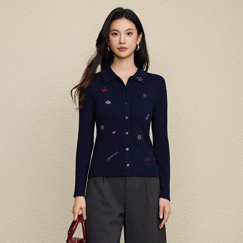 趣味少女感彩色刺绣羊毛翻领针织衫休闲POLO领坑条显瘦长袖毛衣女,女装/女士精品,POLO衫,淘宝优惠券,粉丝福利购,淘宝优惠卷