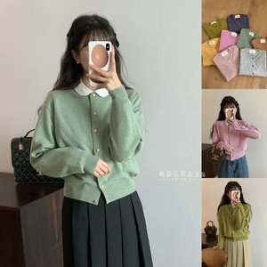 现egg韩国东大门2023春款新款女进口羊毛圆领复古金扣针织衫开衫