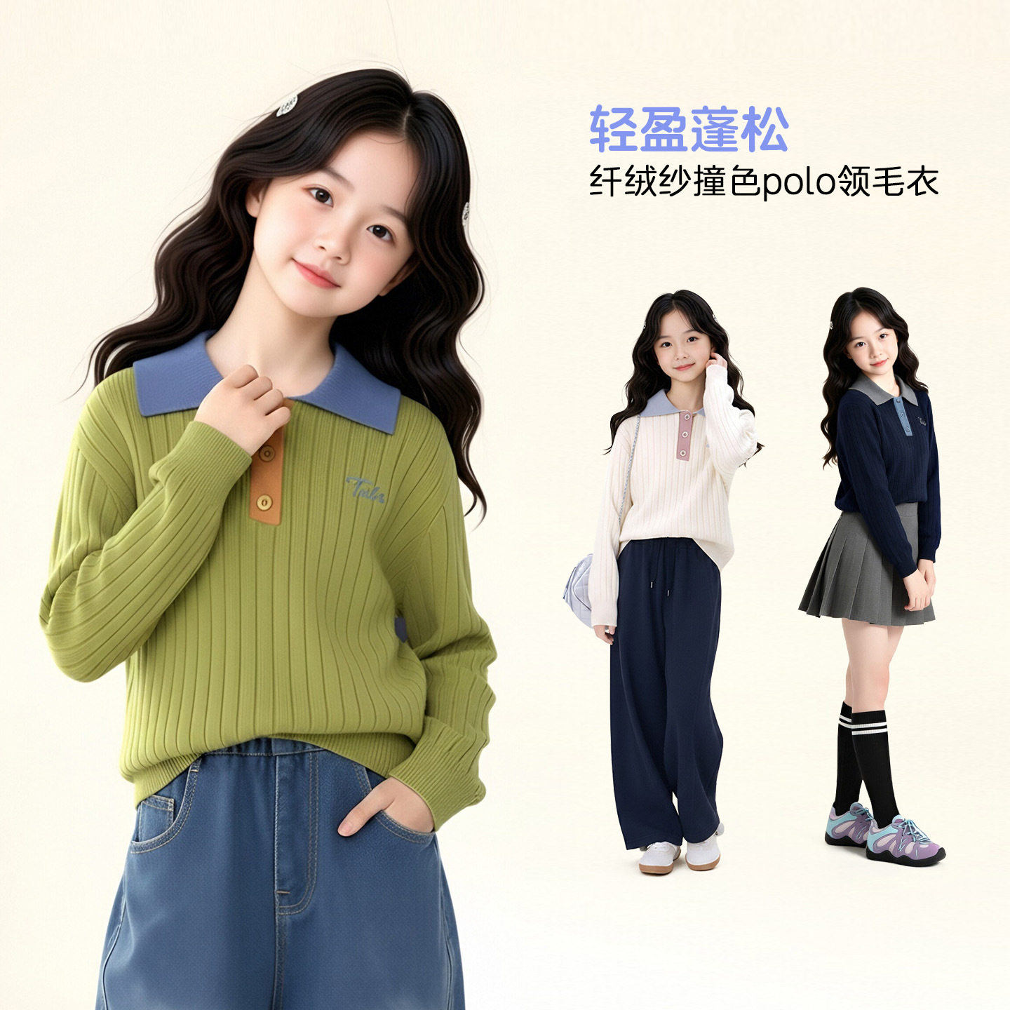 图图小象女童毛衣polp领休闲上衣2026秋新款打底衫亲子装针织衫