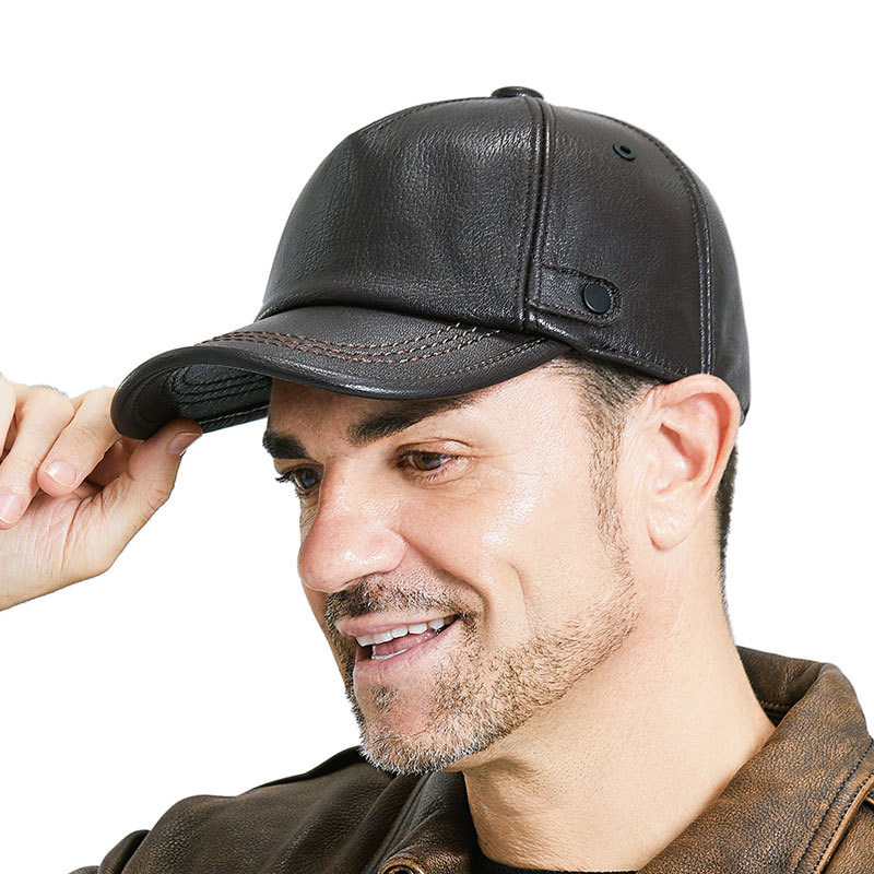 真皮帽子男秋冬季薄款户外保暖鸭舌帽山羊皮休闲中老年人棒球帽
