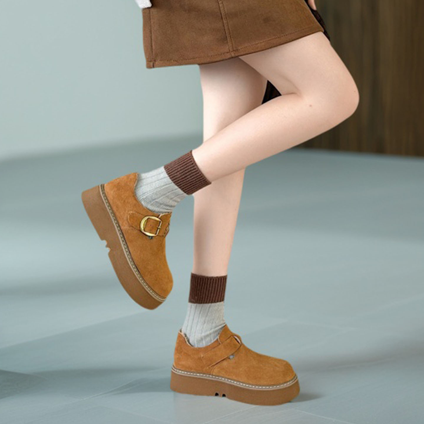 原创真皮手工时尚休闲厚底棉鞋