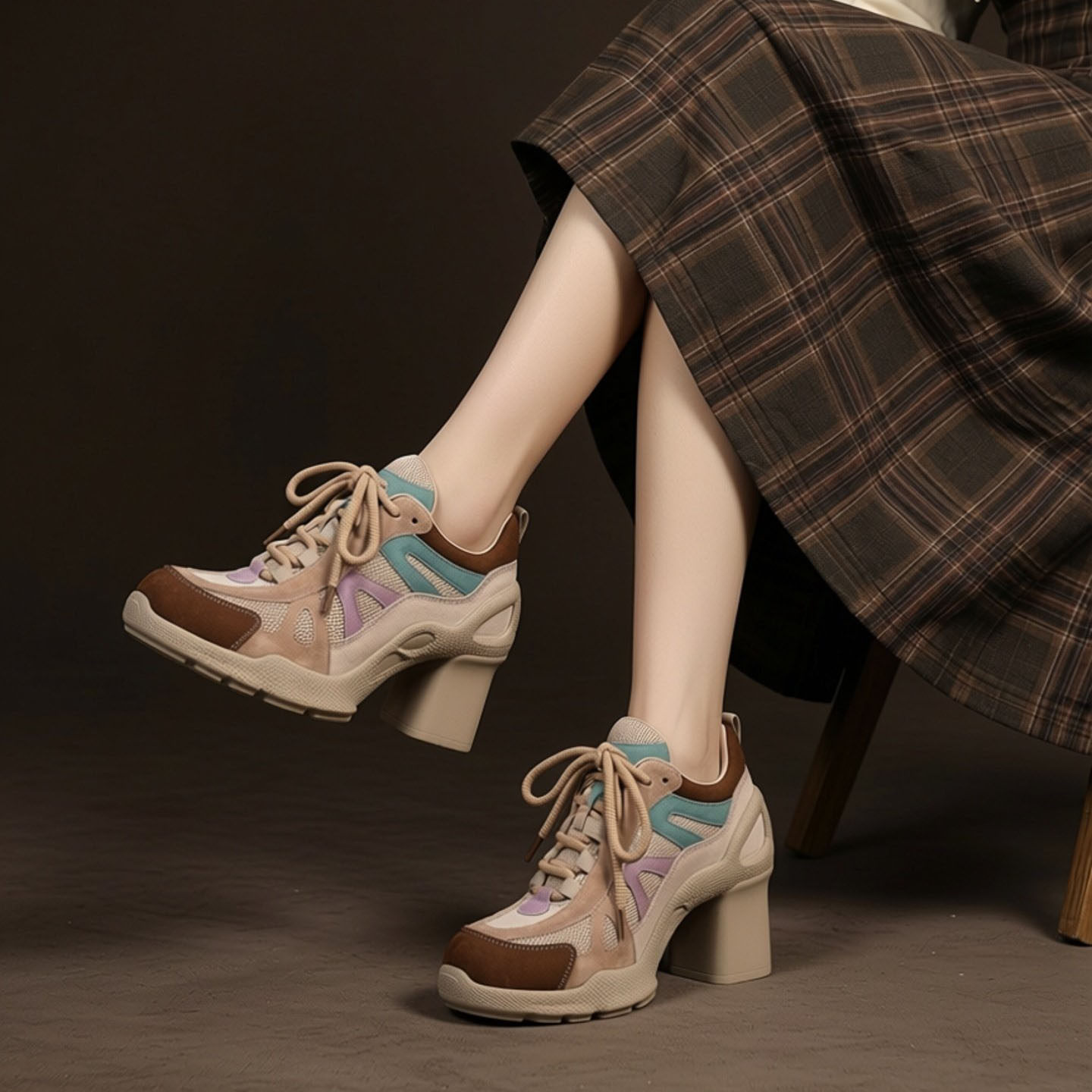 小婉高端真皮单鞋女2026新款显瘦系带个性拼色复古法式粗跟高跟鞋,女鞋,深口单鞋,淘宝优惠券,粉丝福利购,淘宝优惠卷