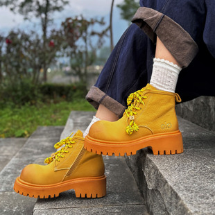 靴大黄靴 系带厚底工装 高端头层牛皮大头马丁靴女冬季 加绒街头个性
