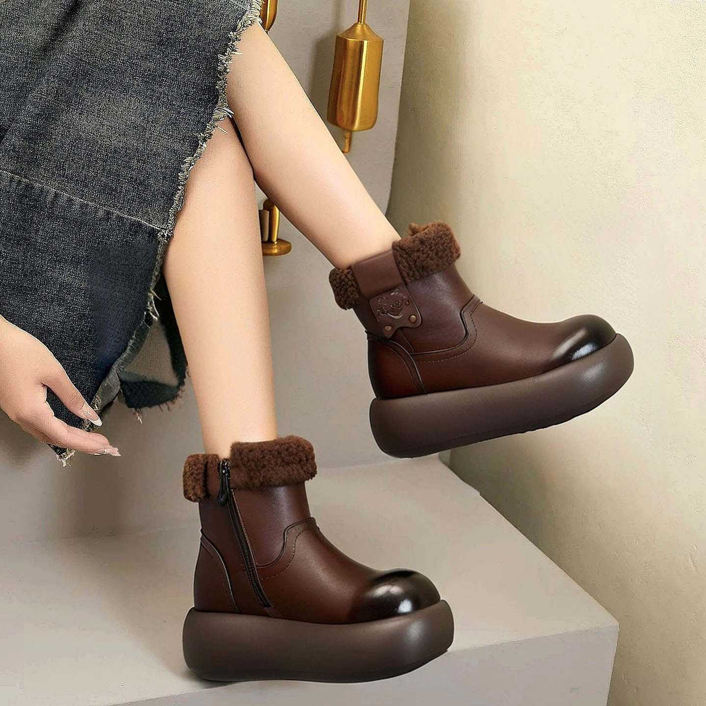 原创手工头层牛皮厚底羊毛靴子