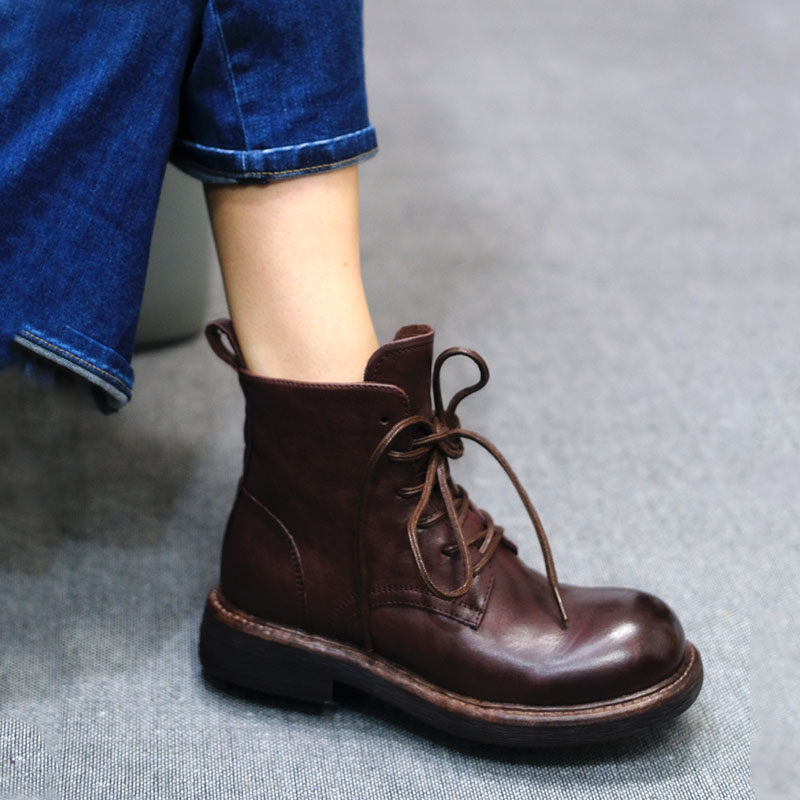 小婉轻奢高端品质马皮短靴女秋冬时尚复古中跟舒适系带真皮马丁靴,女鞋,马丁靴,淘宝优惠券,粉丝福利购,淘宝优惠卷