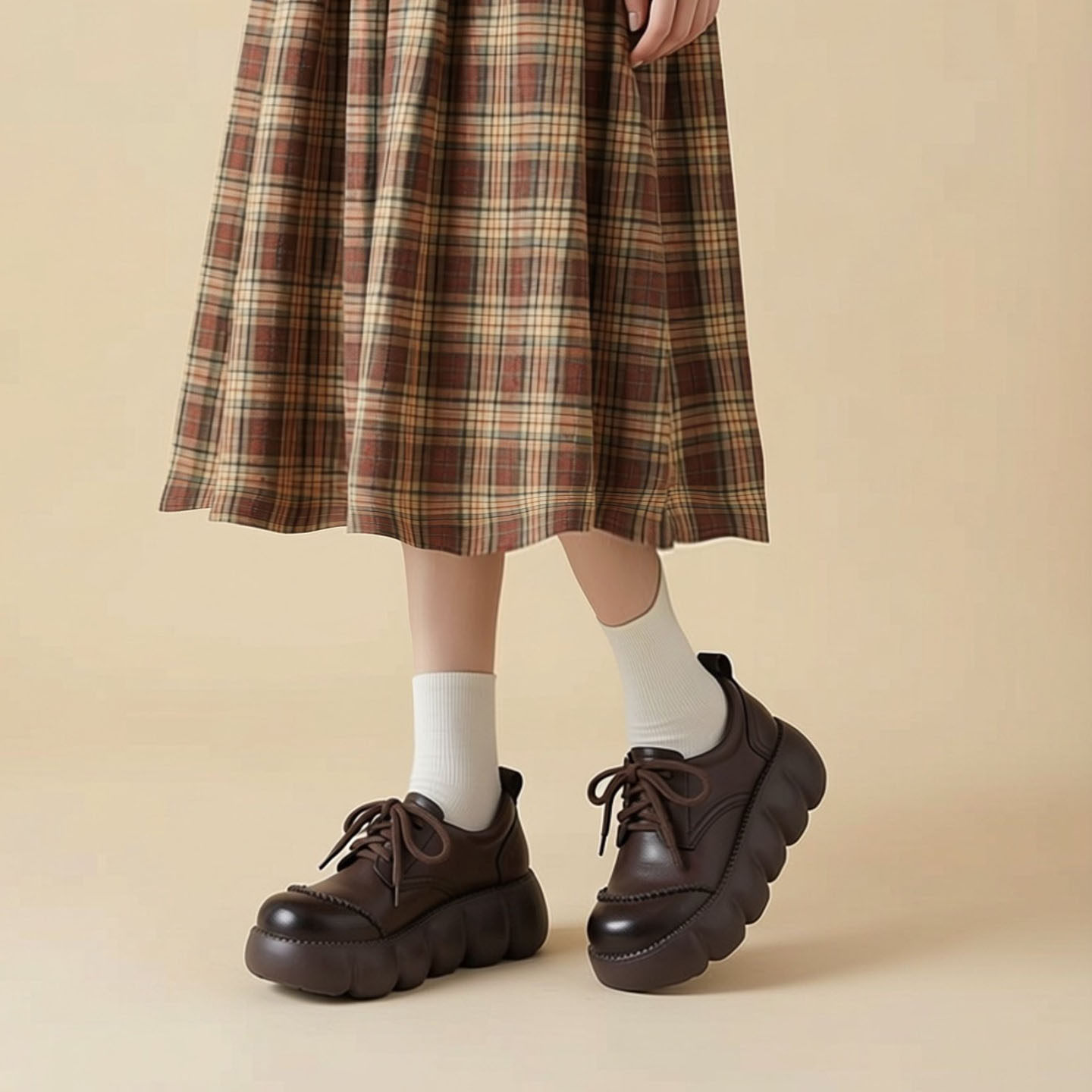 高端头层牛皮深口单鞋女2026春季新款系带文艺复古松糕跟厚底皮鞋,女鞋,深口单鞋,淘宝优惠券,粉丝福利购,淘宝优惠卷