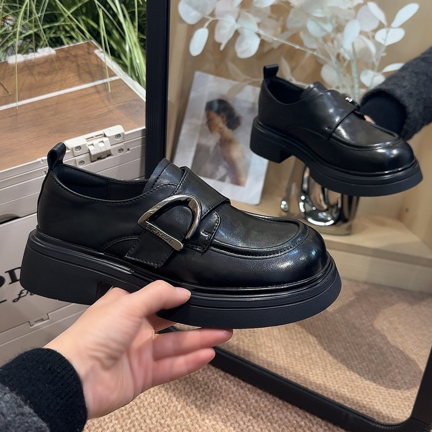 软皮真皮乐福鞋2026春季新款厚底魔术贴懒人一脚蹬黑色小皮鞋女鞋,女鞋,时尚休闲鞋,淘宝优惠券,粉丝福利购,淘宝优惠卷