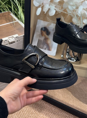 软皮真皮乐福鞋2026春季新款厚底魔术贴懒人一脚蹬黑色小皮鞋女鞋