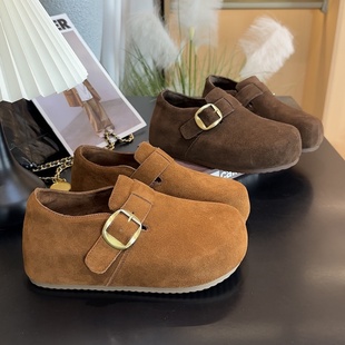 5cm内增高勃肯鞋加绒冬季2025新款丑萌大头绝美全包真皮博肯鞋女