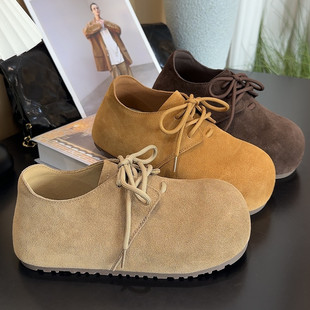 卡皮巴拉大头牛皮勃肯鞋2025新款秋冬款内增高全包绝美系带博肯鞋