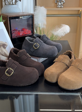 加绒加厚保暖厚底勃肯鞋女鞋2025新款冬季内增高灰色毛毛勃肯棉鞋
