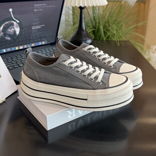 增高薄款帆布鞋女鞋2026夏季新款一脚蹬圆头系带防滑厚底休闲板鞋