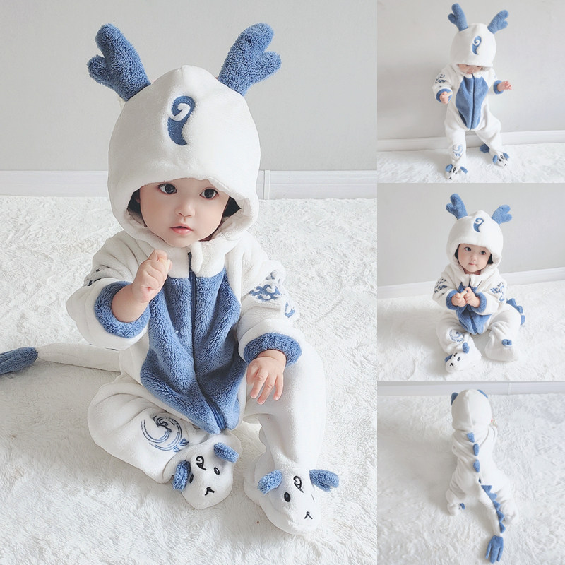 BABY ONESIES PAJAMAS AUTUMN AND WINTER FLANNEL WINTER CLOTHES BABY DINOSAURS OUTING CLOTHES CUTE CHILDRENS LOUNGEWEAR