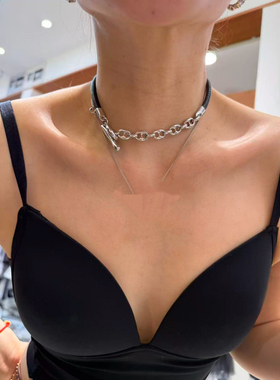 冷淡风个性金属银色皮绳拼接项链轻奢精致百搭锁骨链小众设计颈链