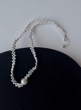 日韩新款简约时髦碎银编织珍珠项链ing轻奢小众高级气质百搭颈链