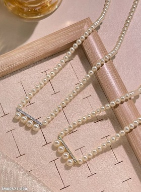 法式复古简约音符微笑珍珠流苏项链精致时尚轻奢感一字排钻锁骨链