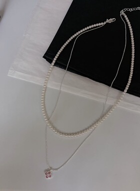 法式复古高级四叶草锆石双层叠戴珍珠项链小众时尚气质百搭锁骨链