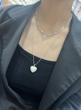 轻奢小众蓝色串珠拼接碎银蝴蝶结锁骨链简约拉丝甜美百搭爱心项链