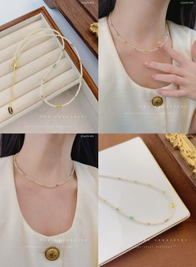 法式复古高级感彩色米珠项链轻奢小众手工串珠锁骨链百搭个性颈链