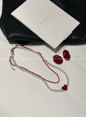 法式甜美多层红色爱心珍珠项链高级感精致百搭温柔锁骨链复古辣妹
