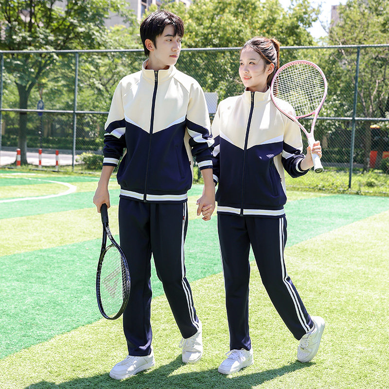 春秋季小学生校服套装学院风初高中生米白拼色运动夏装班服三件套
