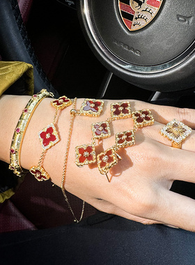 欧美拉红玉髓四叶草手链