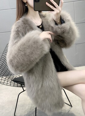 高档皮草外套女仿狐狸毛中长款2026冬季海宁皮草大衣V领显瘦潮牌