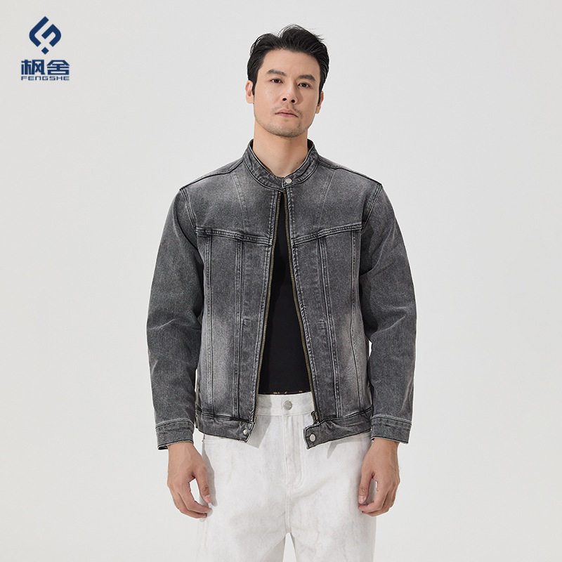 男装 /秋季新款夹克弹力立领复古风重磅金属拉链机车牛仔外套