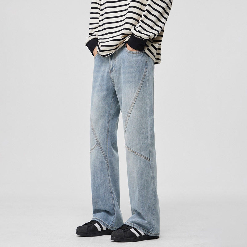 爆款美式高街复古破洞微喇牛仔裤男cleanfit直筒长裤