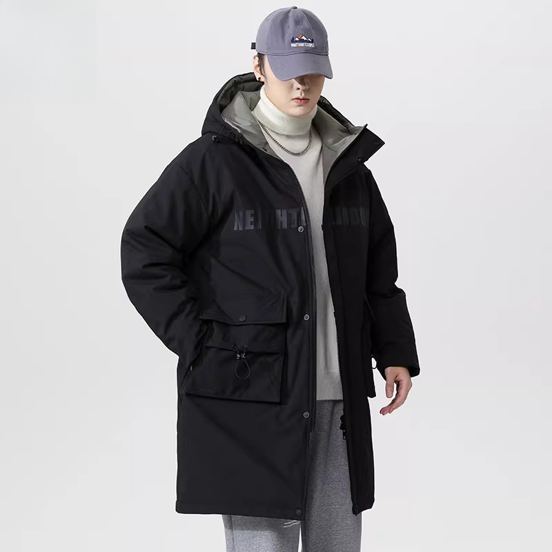 连帽加厚羽绒服男中长款男宽松冬季加肥加大工装外套